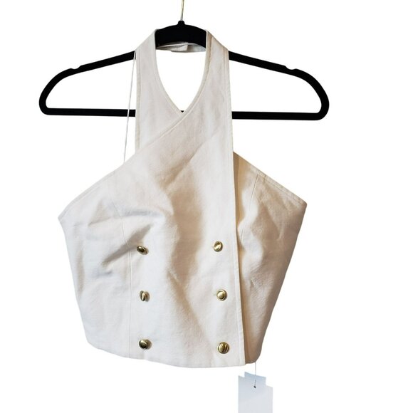 Rosetta Getty White Cotton Linen Button Criss Cross Halter Top Gold Buttons Chic - Picture 2 of 13